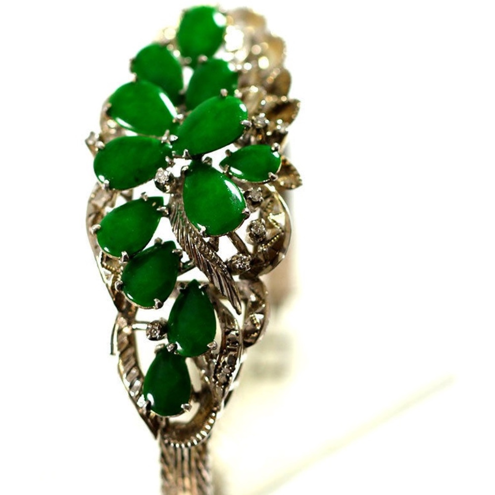 NATURAL DARK GREEN JADEITE JADE CABOCHON DIAMOND FLOWER 18K WHITE GOLD BRACELET